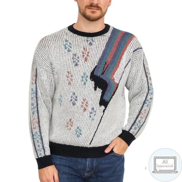 Vintage Jantzen USA Sweater Skiing Bolt 80s 90s Graphic Knit Pullover Size L - Picture 1 of 12